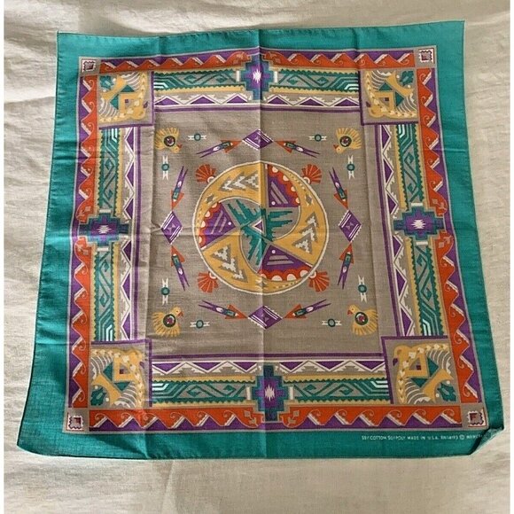 Vintage Wamcraft Bandana 50/50 Cotton Poly Southwest Turquoise Thunderbird USA - Picture 1 of 7